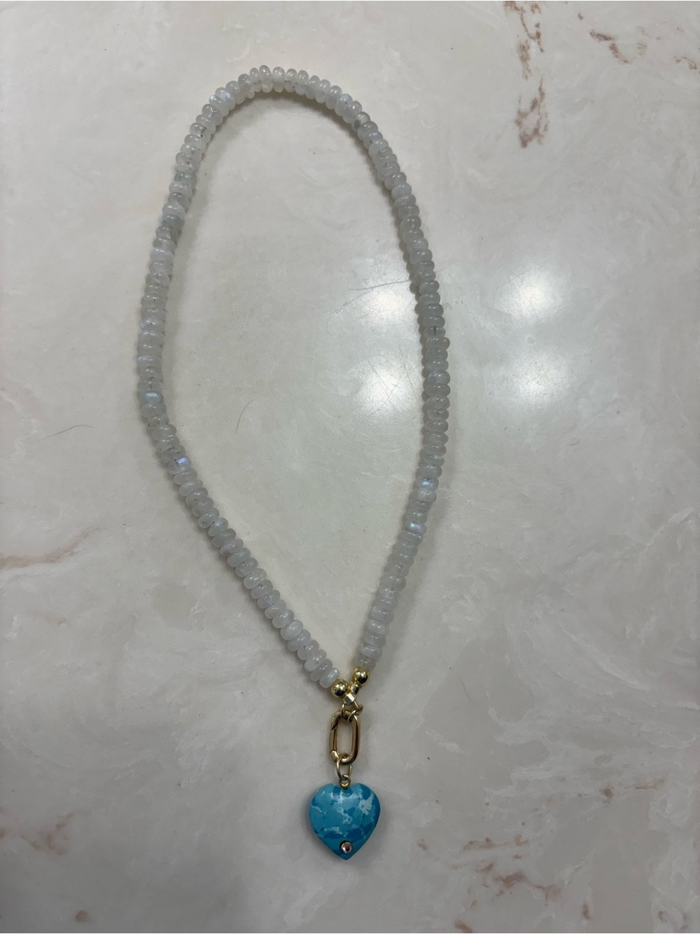 Beaded Moonstone Necklace with Blue Heart Pendant
